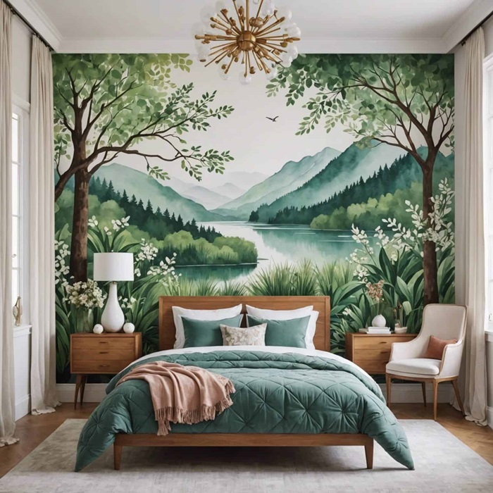 bedroom with nature inspired wallpaper and bed