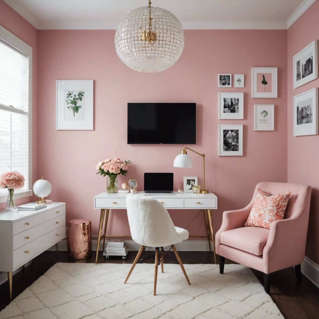 pink walls in office with desk , chair and art on walls