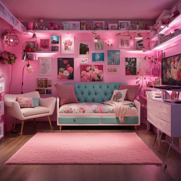 teen room with couch, chair, tv, wall art and pink lighting