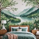 bedroom with nature inspired wallpaper and bed
