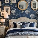 bedroom with blue floral wallpaper