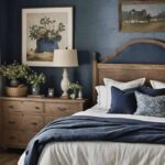Farmhouse style bedroom with dark blue walls