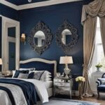 elegant bedroom with deep blue accents