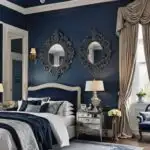 elegant bedroom with deep blue accents