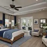 large bedroom with tan walls and blue accents