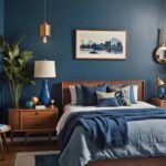 midcentury modern bedroom with blue walls and be