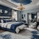 large bedroom with blue decor accents