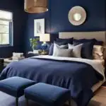 deep blue bedroom with blue walls