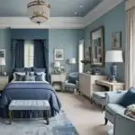 large bedroom with light blue walls and bed with navy blue bedding