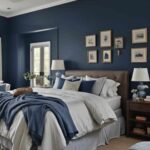 contemporary bedroom with navy blue walls and bed