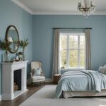 blue bedroom with bed and dresser
