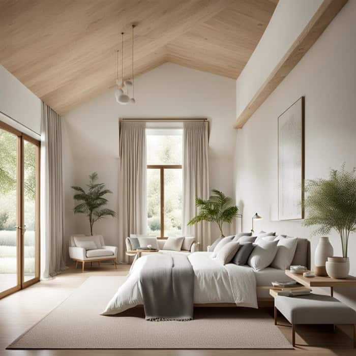 classic neutral bedroom with bed and high ceilings