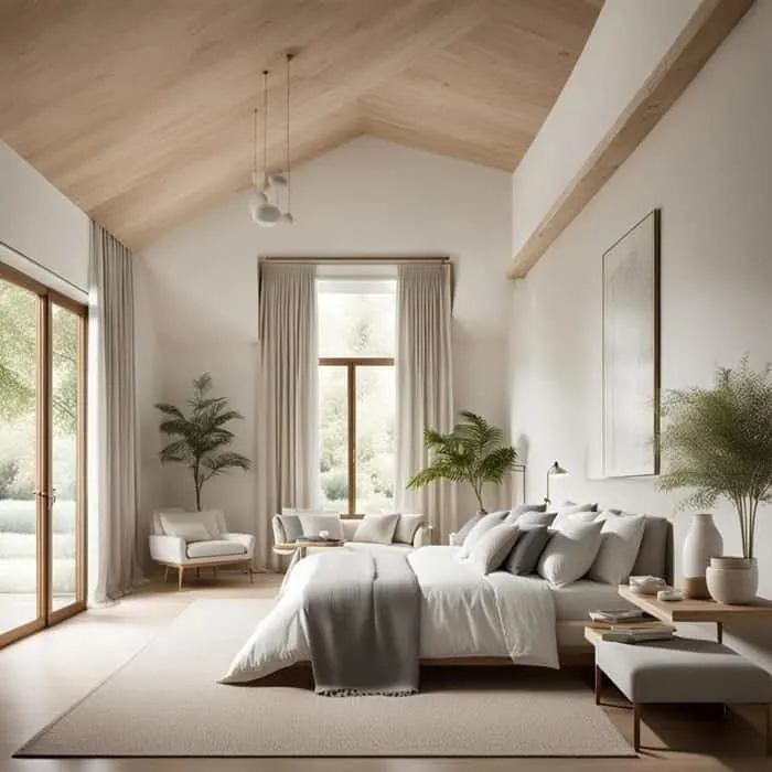 classic neutral bedroom with bed and high ceilings