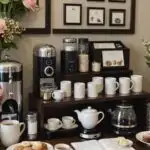 coffee bar with mugs, and coffee accessories