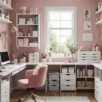craft room with pink walls, white wrap around desk and wall shelves