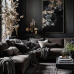 _dark neutral living room with black walls and couch and large window