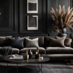 dark neutral living room with dark walls and couch