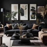 dark neutral living room with dark walls and couch and large art
