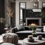_dark neutral living room with tan walls and couch and a fireplace