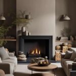 _dark neutral living room with tan walls, two couches and a fireplace