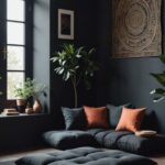 dark walls in room with plants and floor cushions