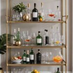 gold bar cart with glasses and bottles