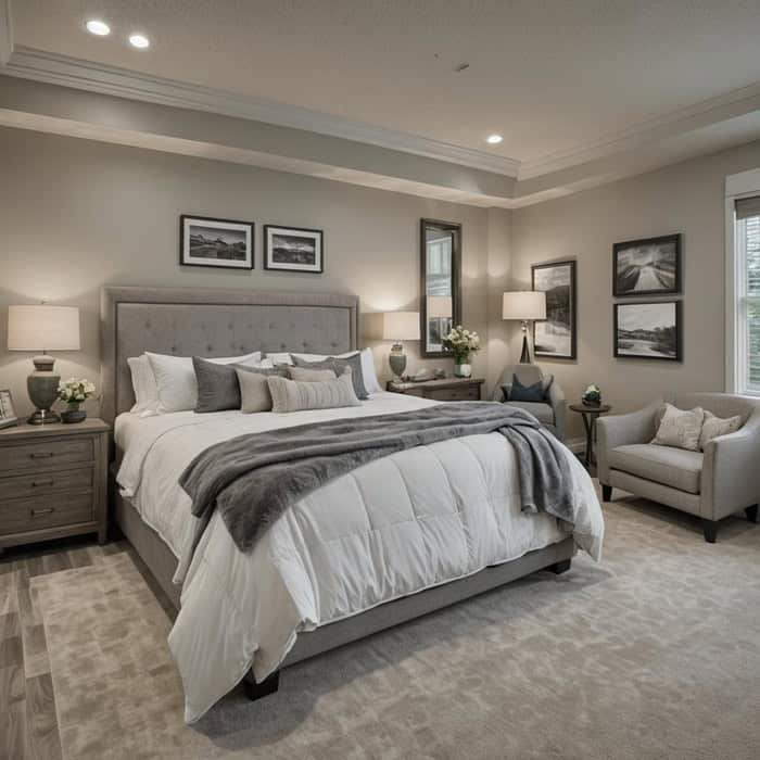 large gray bedroom with bed and seating