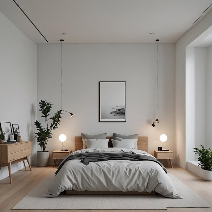 large minimalistic bedroom with bed
