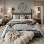 large neutral bedroom with bed and plush rug