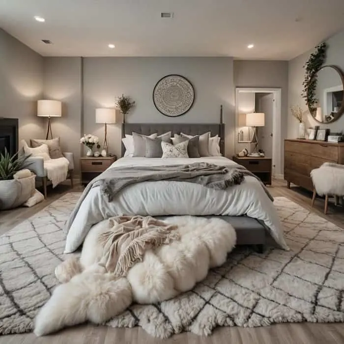 large neutral bedroom with bed and plush rug