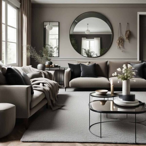 _neutral living room with tan walls, couch and large round mirror