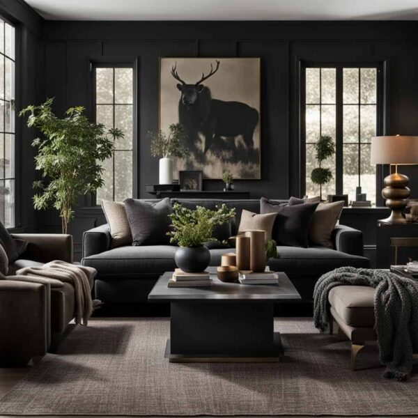 dark neutral living room with dark walls and couch and large art