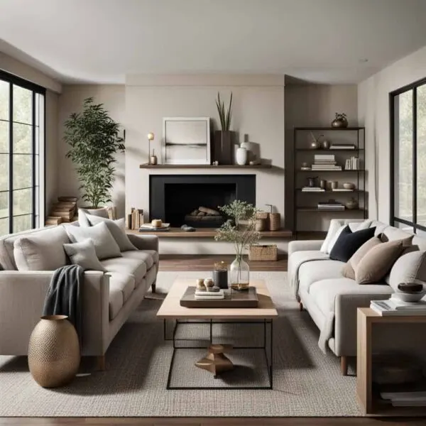 neutral living room with 2 couches and a fireplace