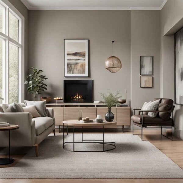 _neutral living room with tan walls, chair and fireplace
