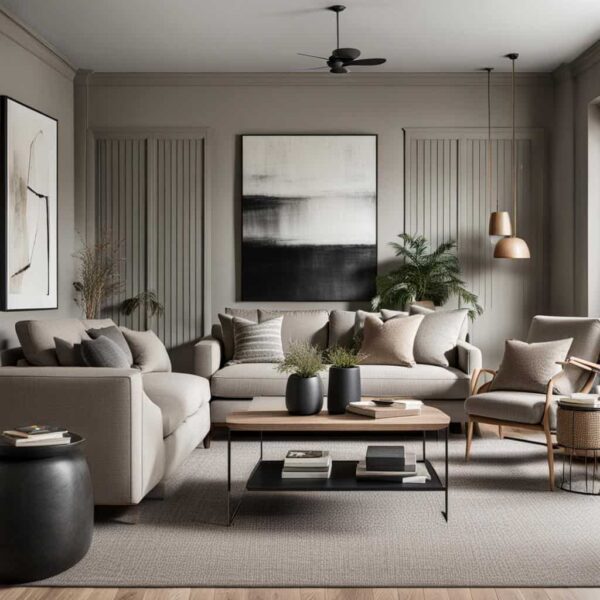 _neutral living room with tan walls, two couches and large art