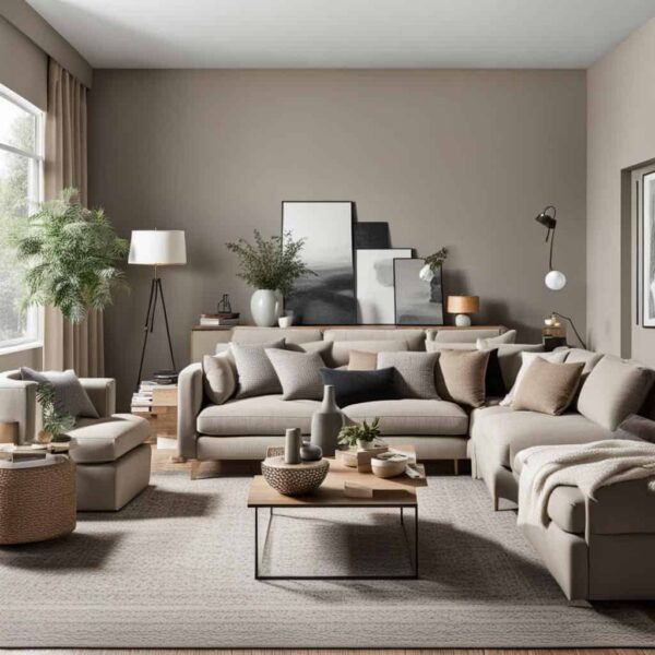 _neutral living room with tan walls, couch and large window