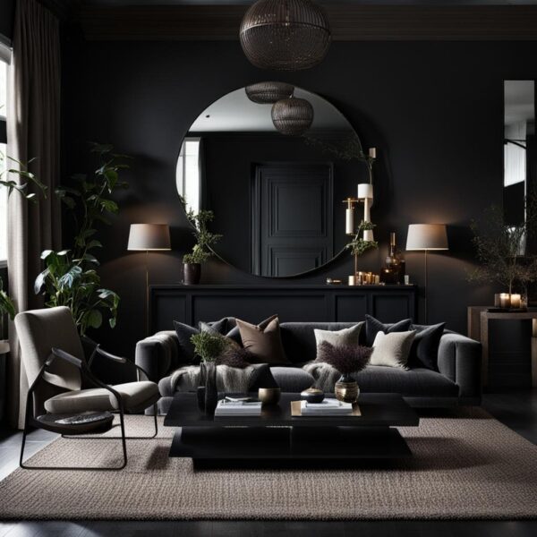 _neutral living room with black walls, couch and large round mirror