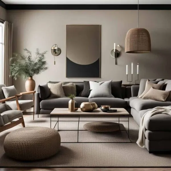 _neutral living room with tan walls, couch and two chairs