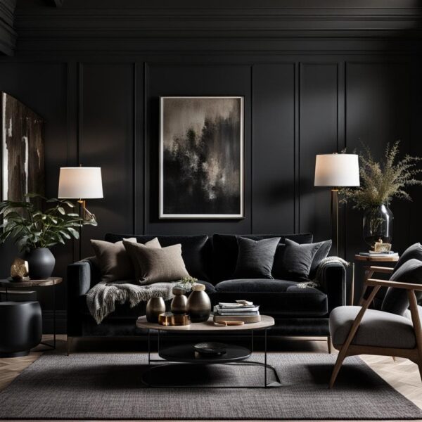 _dark neutral living room with black walls and couch and large window
