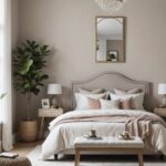 neutral bedroom with bed, night stands, plant, and lighting