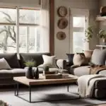 _neutral living room with gray walls and couch and large window
