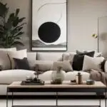 _neutral living room with tan walls, couch, art and coffee table