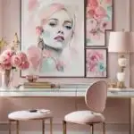pink office walls with desk, pink chairs and art on the walls