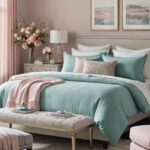 teal and pink bedroom with bed and chairs