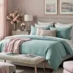 teal and pink bedroom with bed and chairs