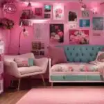 teen room with couch, chair, tv, wall art and pink lighting