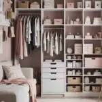 walk in closet with organized shelves, small desk and seating