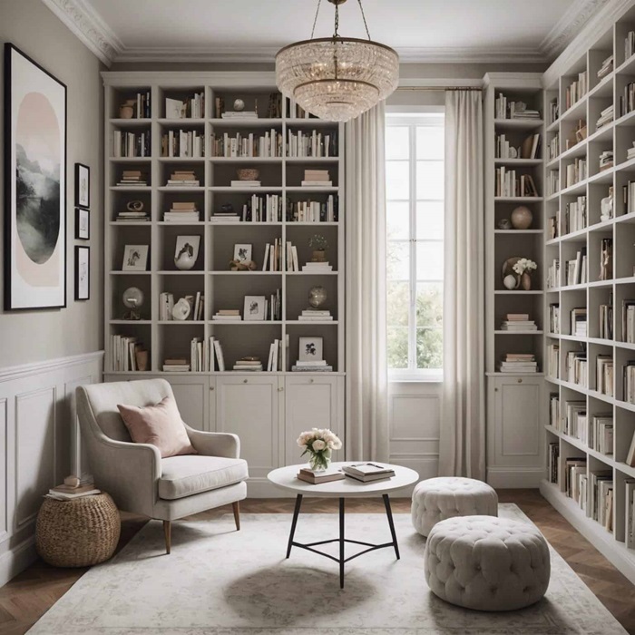 neutral reading room with built in book cases and seating area