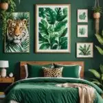 A Jungle-Themed Bedroom with emerald green accents, safari-inspired artwork and a hanging plant