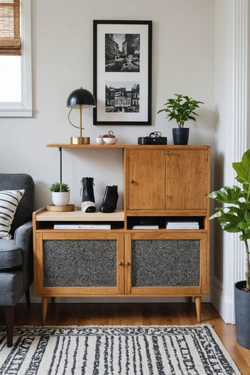 A Living Room with vintage modern accents and storage cabinet